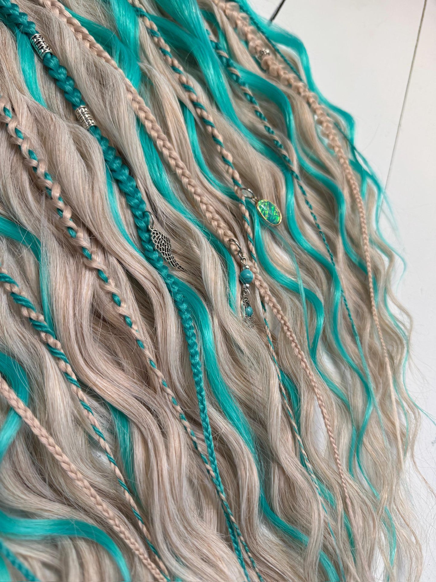 Blonde & Teal Curly Dreadlock Set - Boho Mermaid