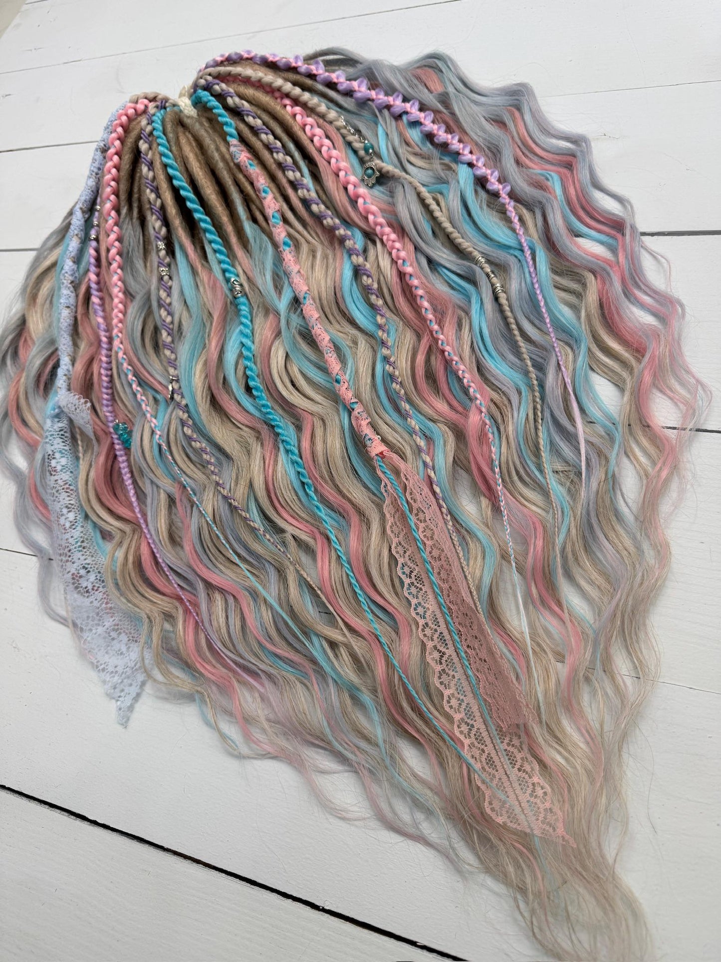 Pastel Synthetic Dreadlocks with Curls, Braids, Lace, and Charms