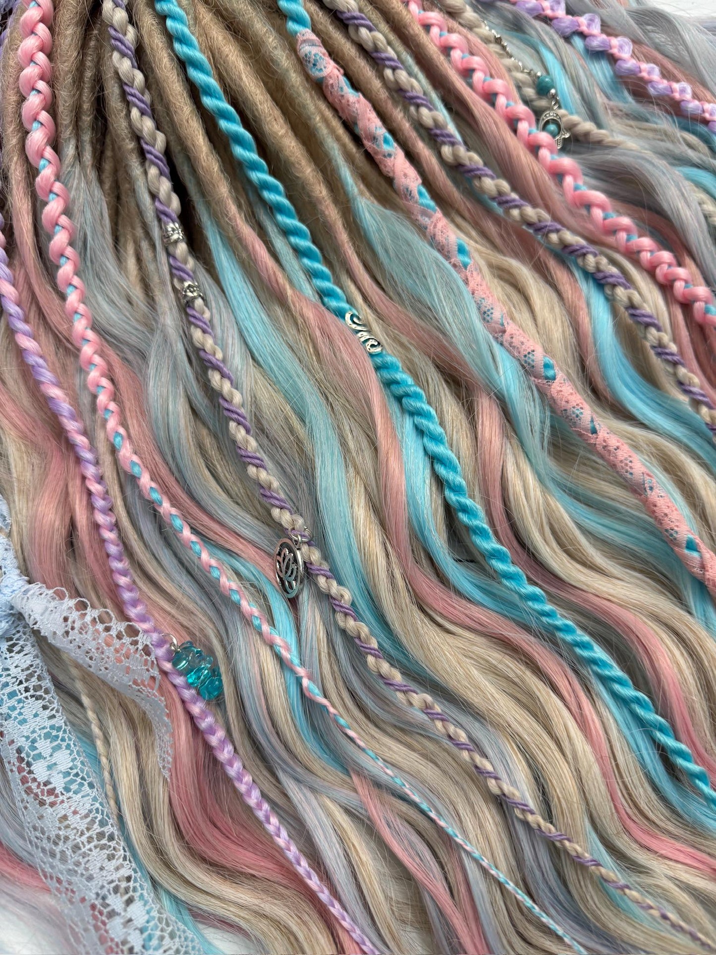 Pastel Synthetic Dreadlocks with Curls, Braids, Lace, and Charms