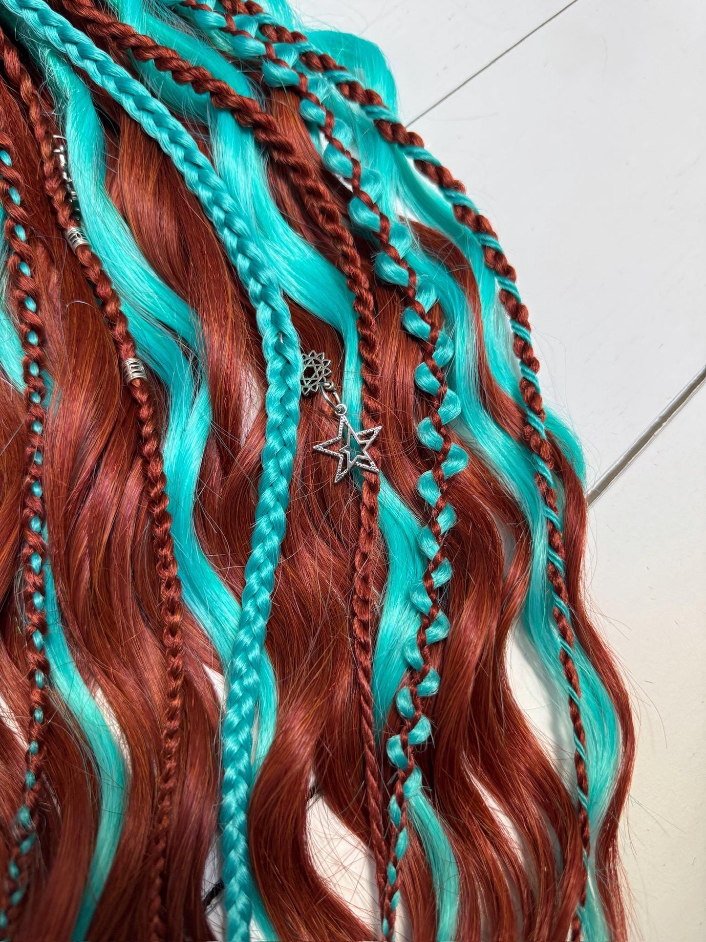 Turquoise and Copper Dreadlock Extensions with Braids and Charms
