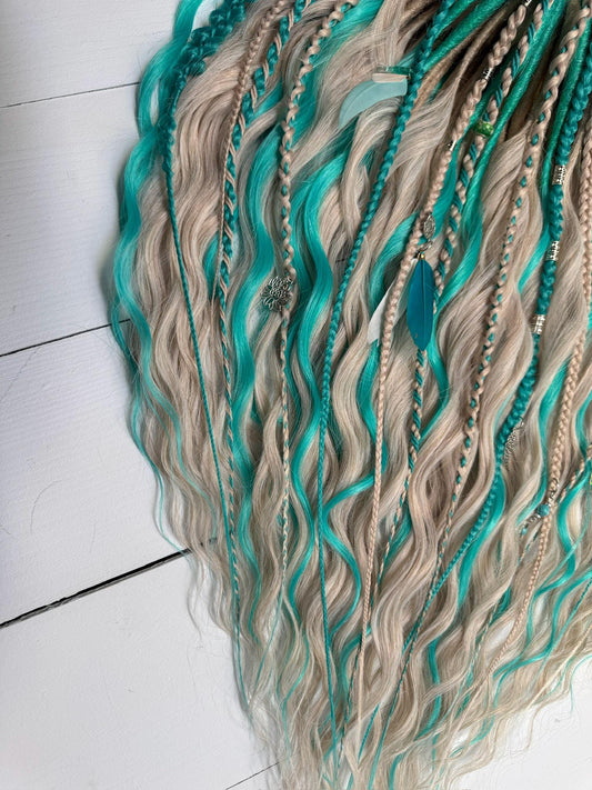 Blonde & Teal Curly Dreadlock Set - Boho Mermaid