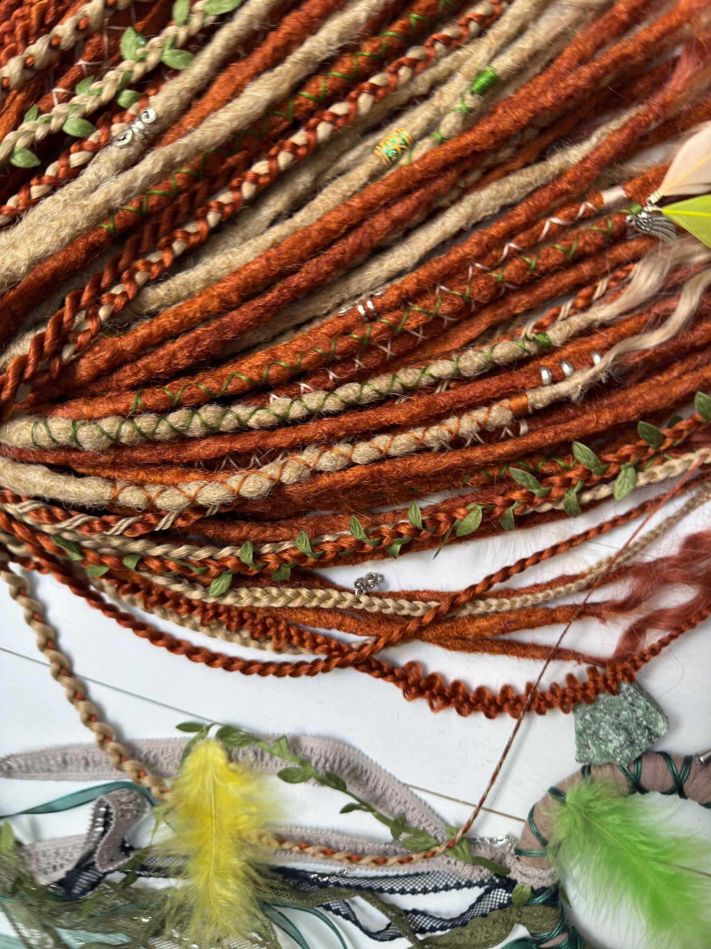 Handmade Boho Dreadlocks in Ginger Beige with Braids and Feathers