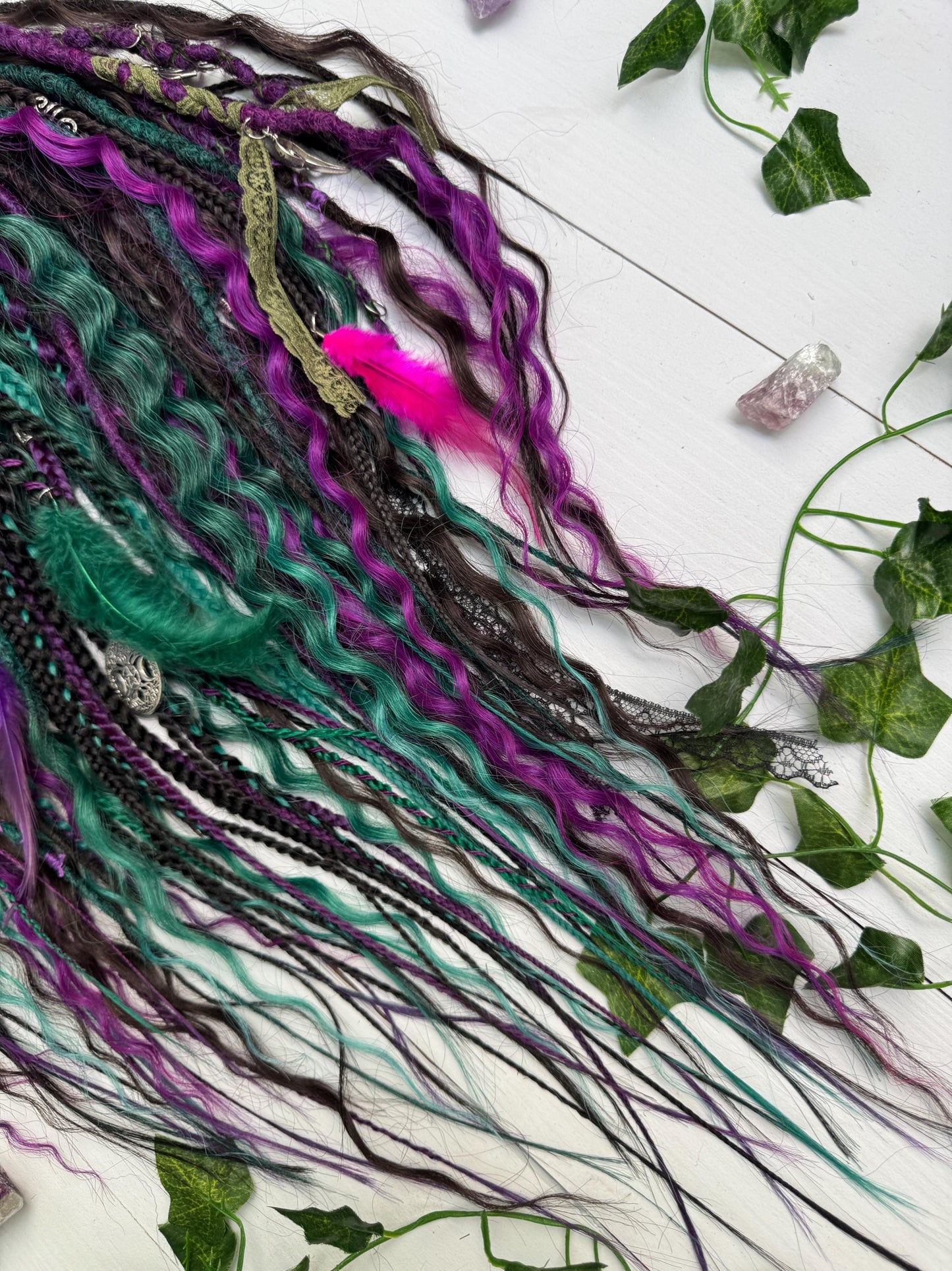 Handmade Witchy Dreads – Purple, Green & Black Braids with Charms