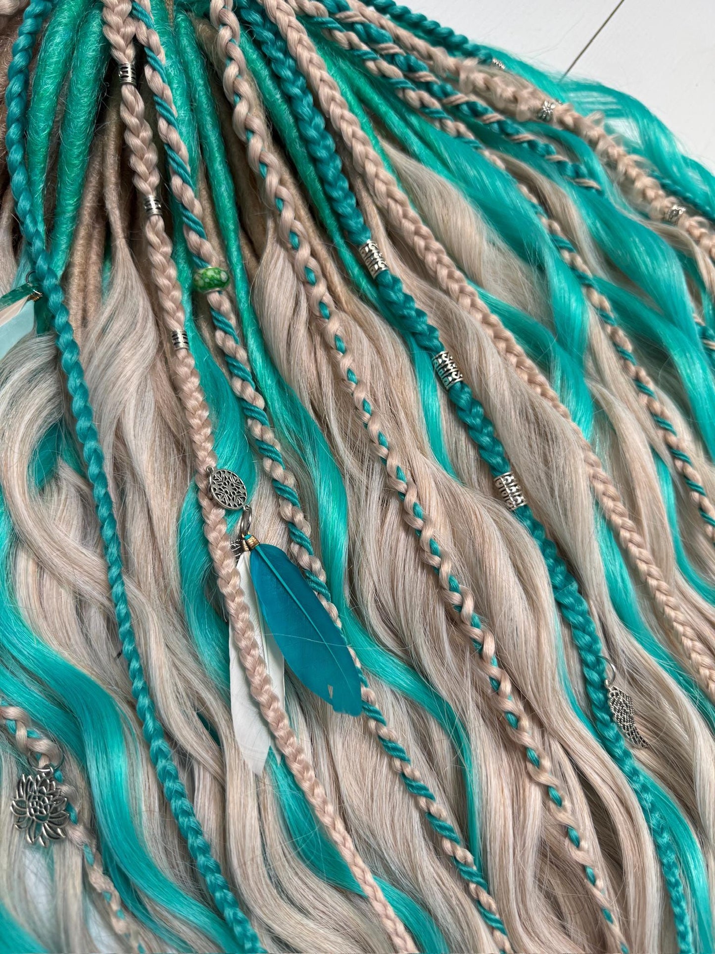 Blonde & Teal Curly Dreadlock Set - Boho Mermaid