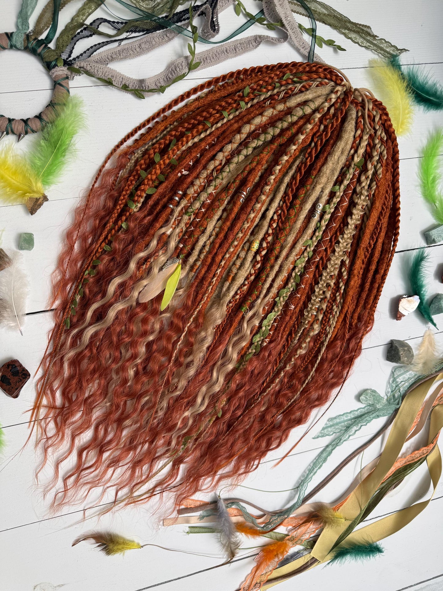 Handmade Boho Dreadlocks in Ginger Beige with Braids and Feathers