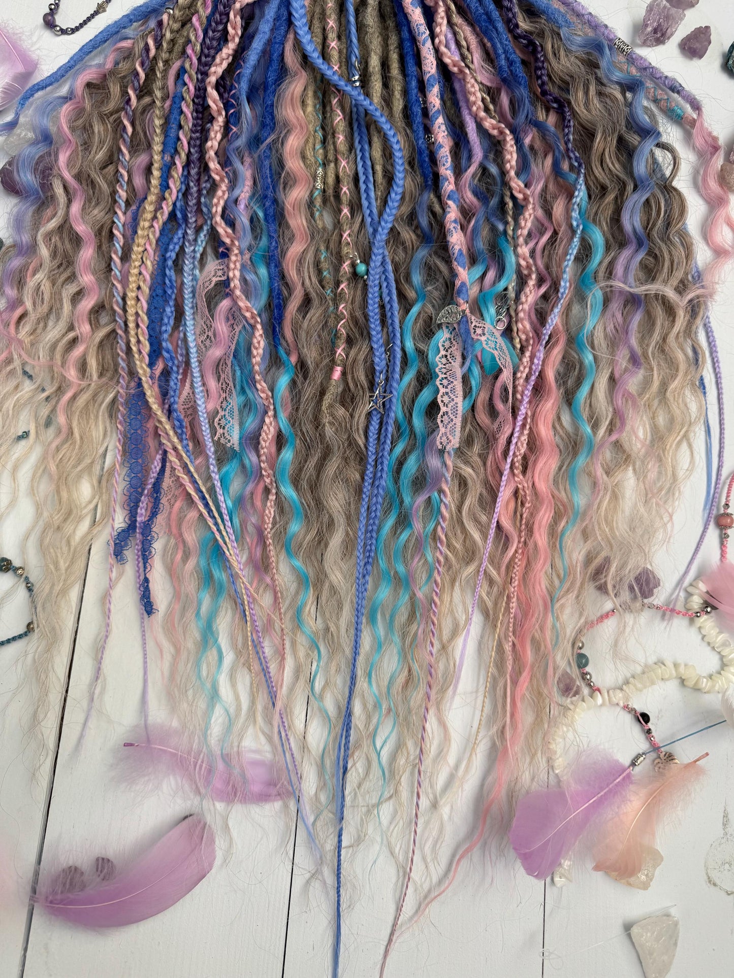 Fairycore Curly Dreadlock Set with Pastel Lace, Feathers, and Charms