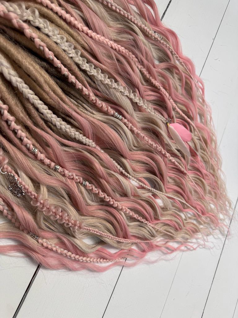 Blush Pink and Beige Dreadlock Curls with Braids, Beads, and Charms