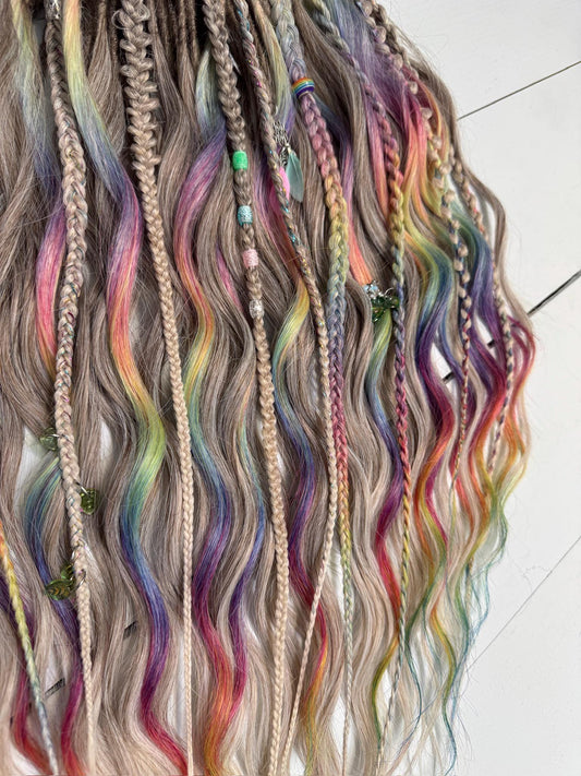 Rainbow Platinum Blonde Dreadlock Set with Braids, Charms & Beads