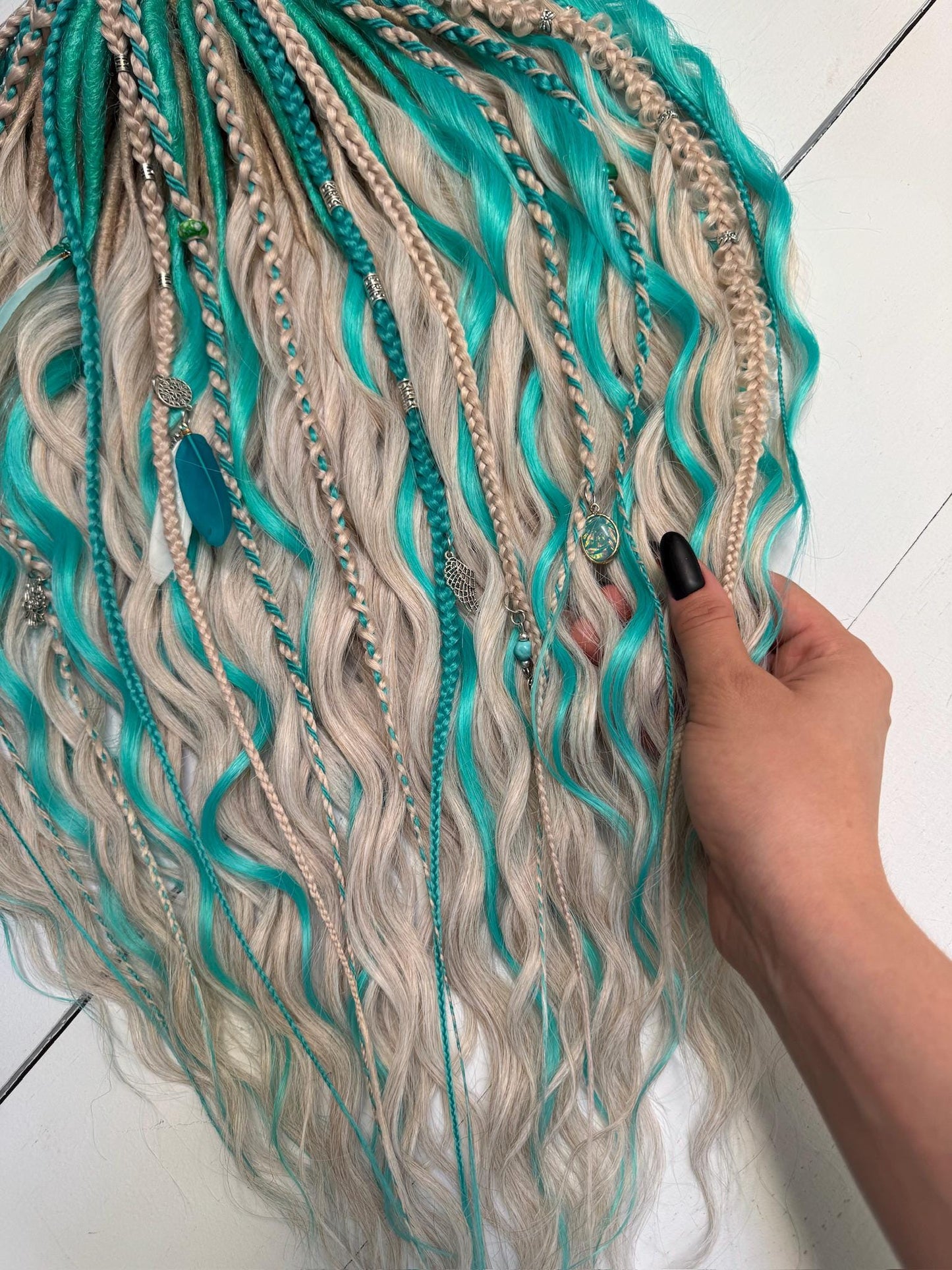 Blonde & Teal Curly Dreadlock Set - Boho Mermaid