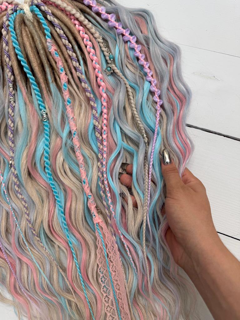 Pastel Synthetic Dreadlocks with Curls, Braids, Lace, and Charms