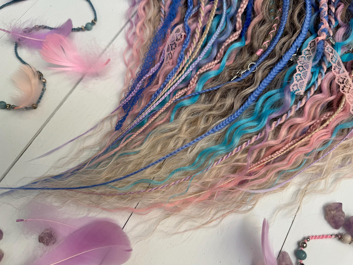 Fairycore Curly Dreadlock Set with Pastel Lace, Feathers, and Charms