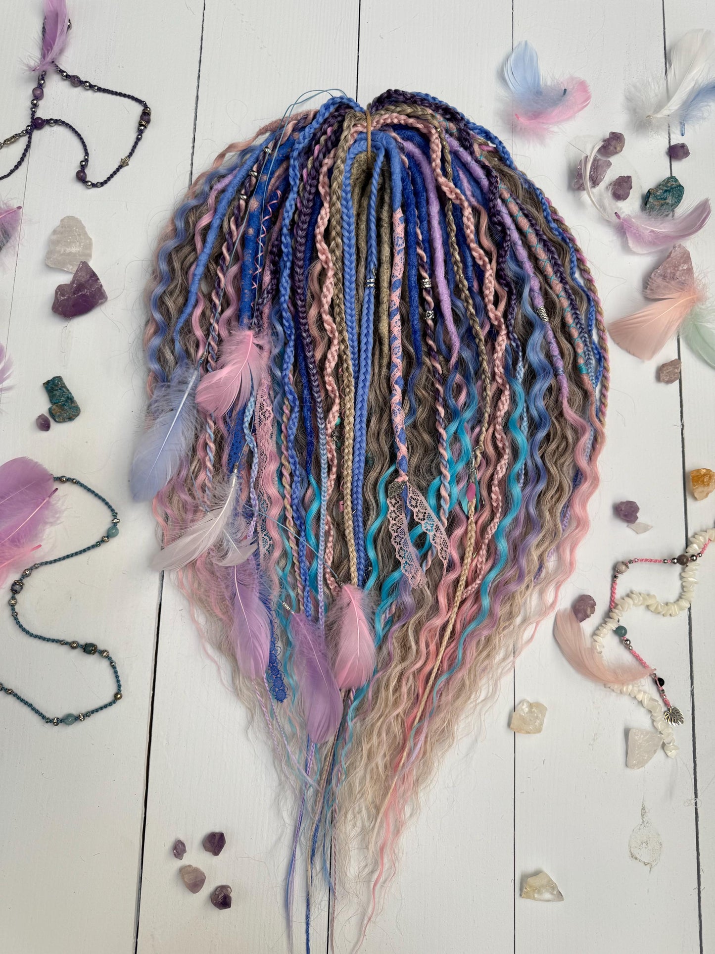 Fairycore Curly Dreadlock Set with Pastel Lace, Feathers, and Charms