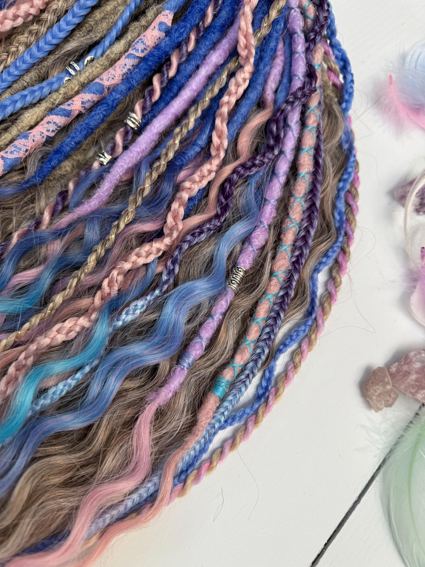 Fairycore Curly Dreadlock Set with Pastel Lace, Feathers, and Charms