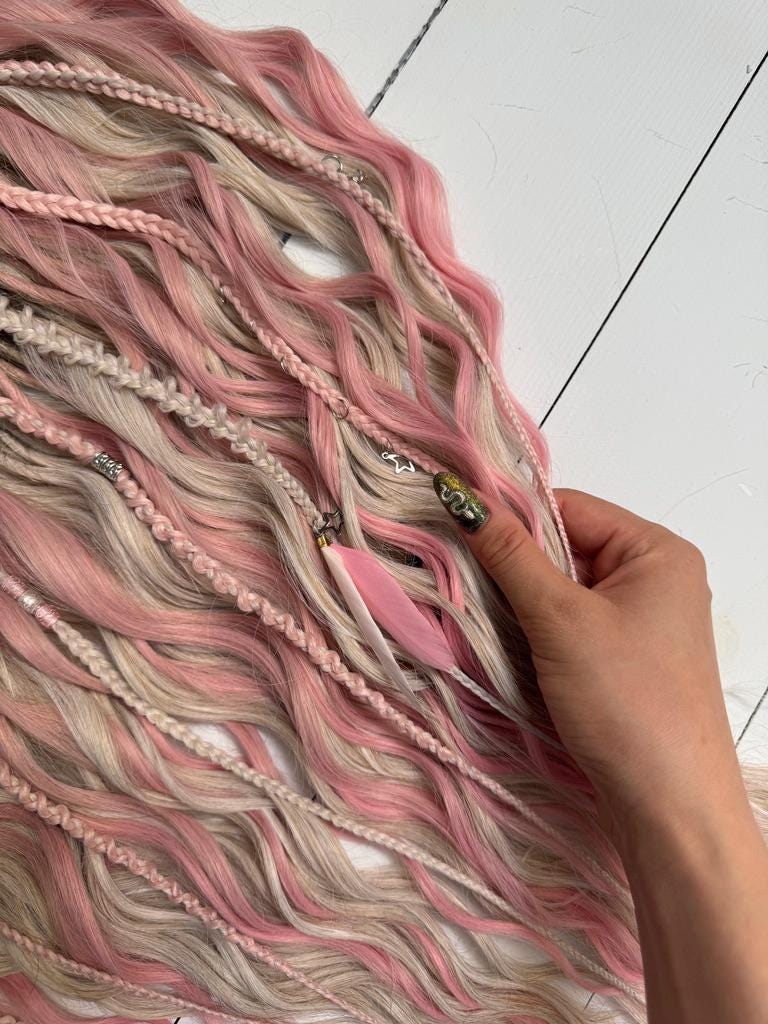 Blush Pink and Beige Dreadlock Curls with Braids, Beads, and Charms