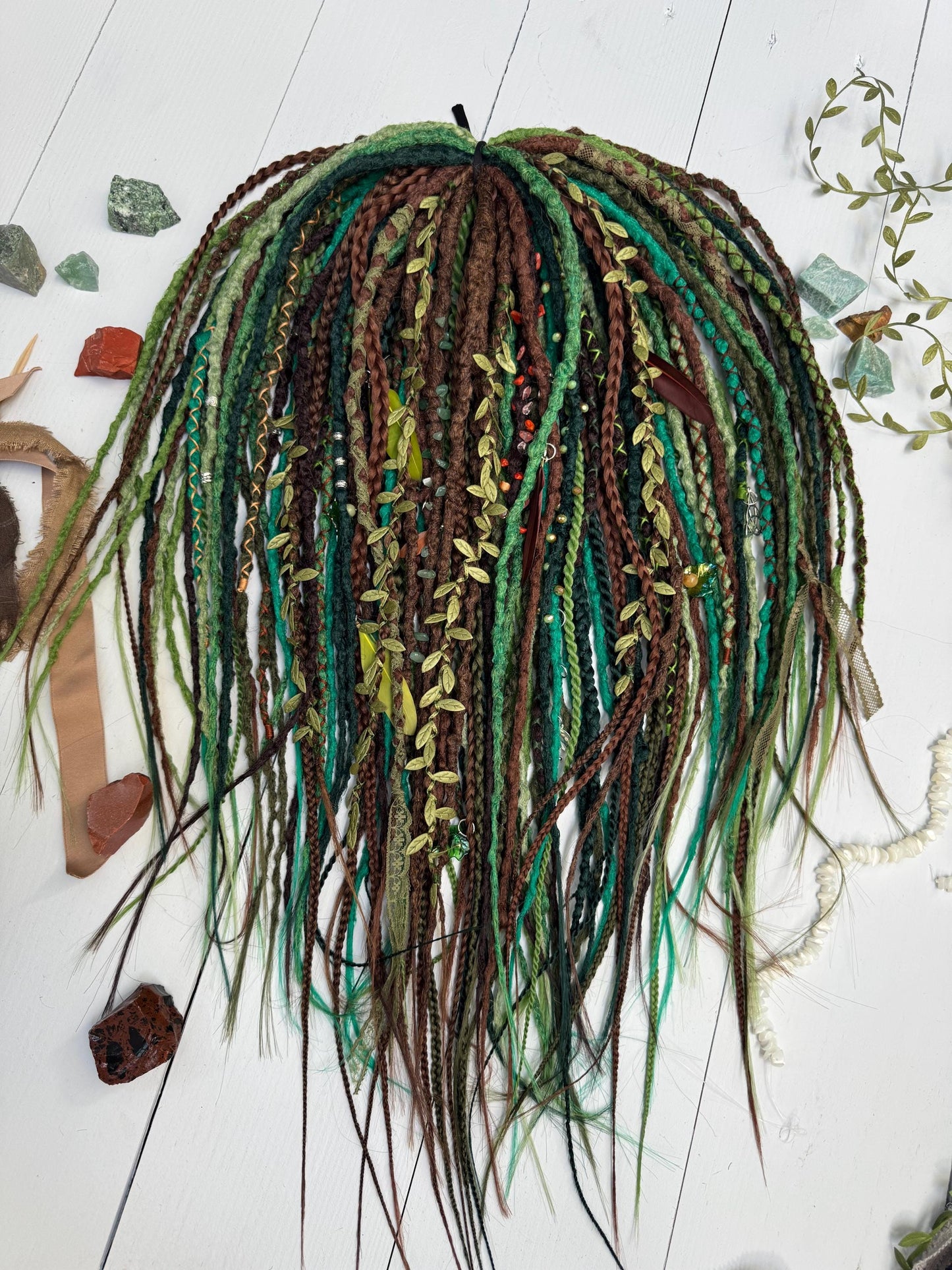 Forest Spirit Dreadlock Set with Boho Textured Dreads, Leaves, and Feathers