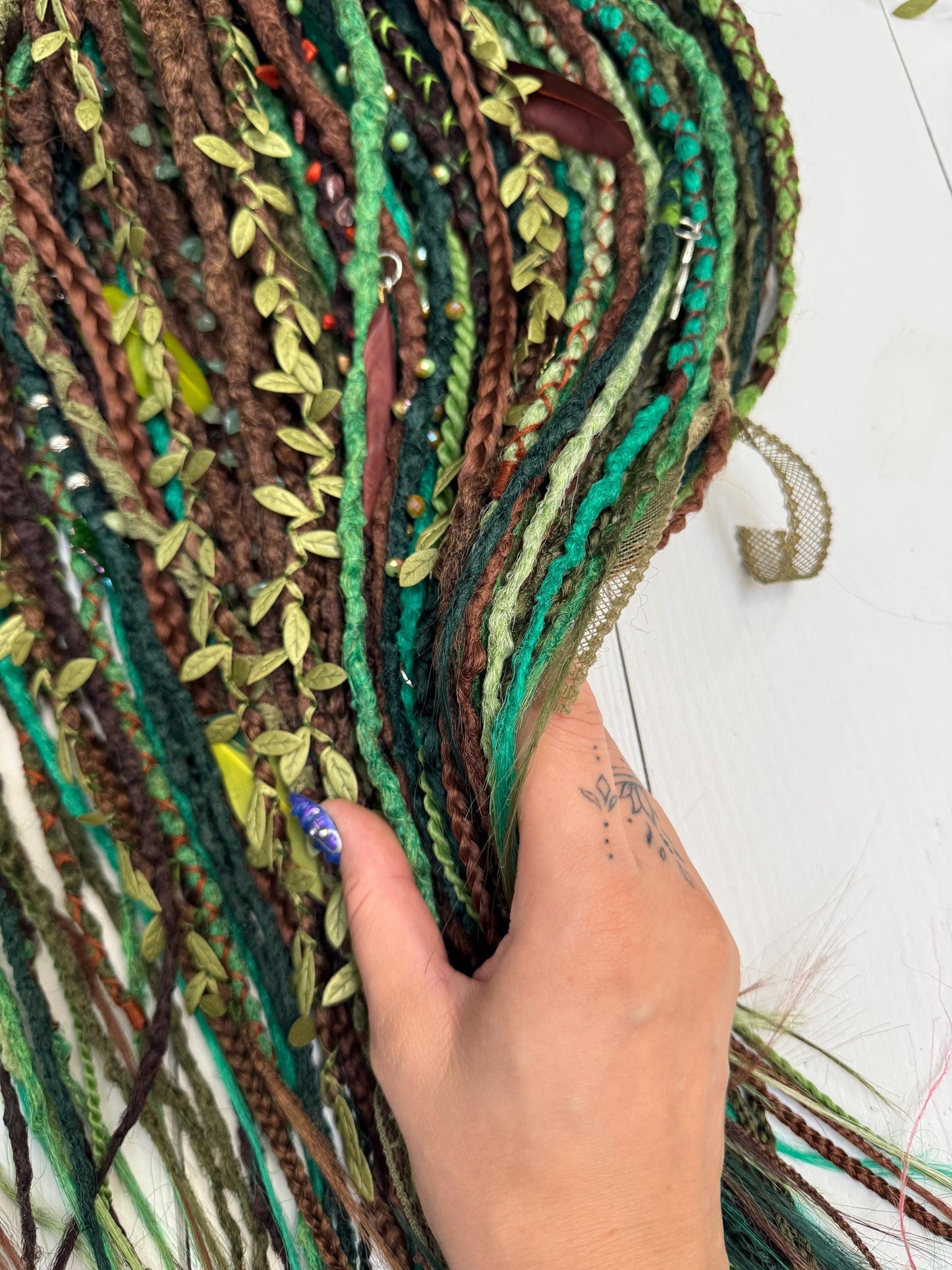 Forest Spirit Dreadlock Set with Boho Textured Dreads, Leaves, and Feathers