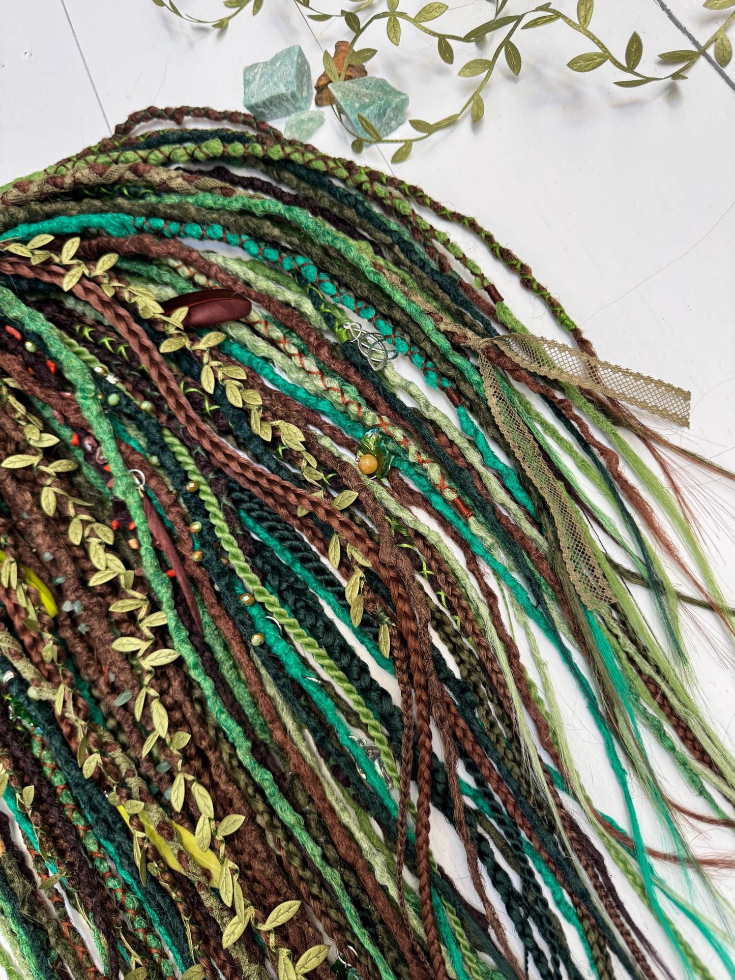Forest Spirit Dreadlock Set with Boho Textured Dreads, Leaves, and Feathers