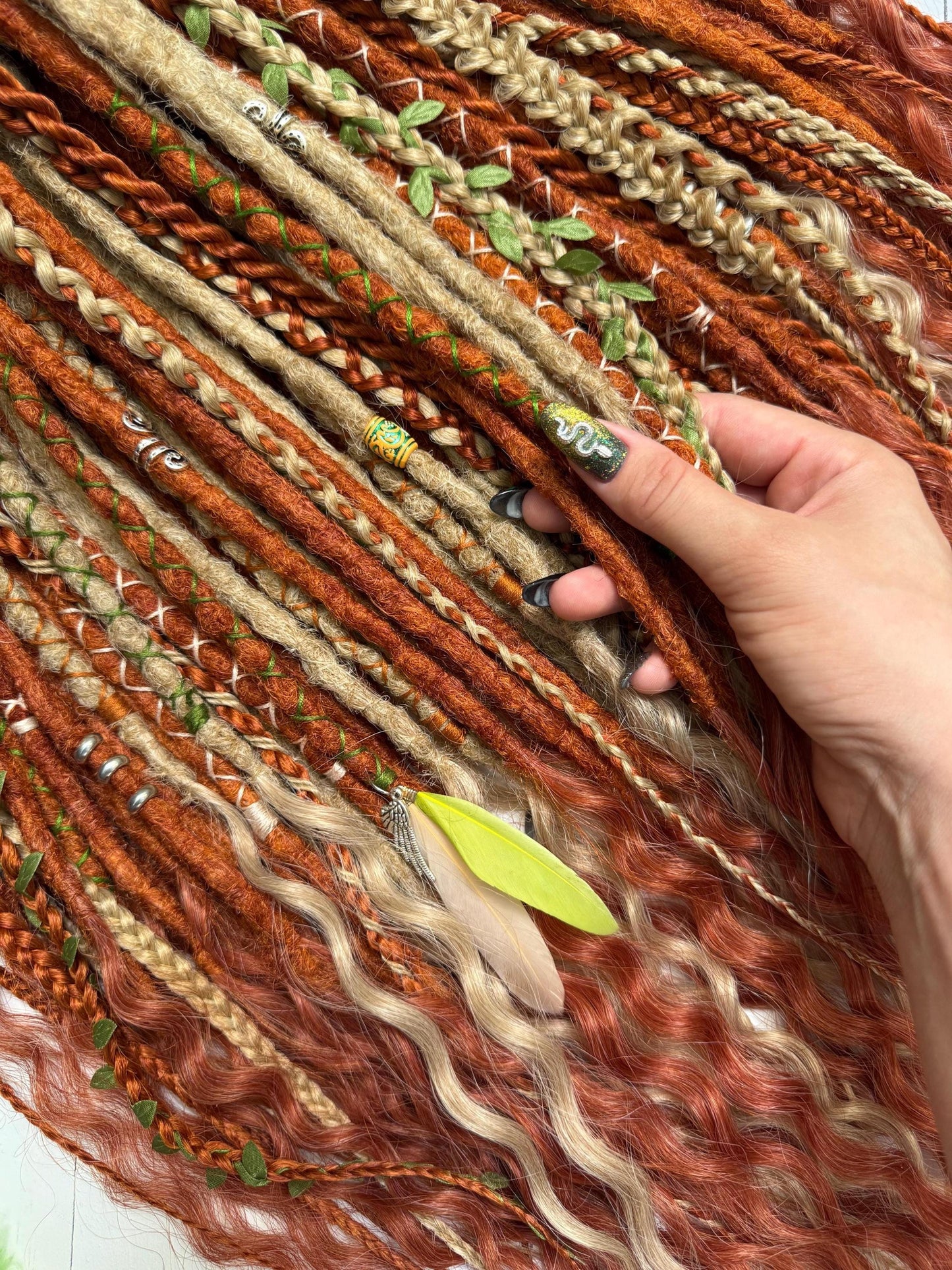 Handmade Boho Dreadlocks in Ginger Beige with Braids and Feathers