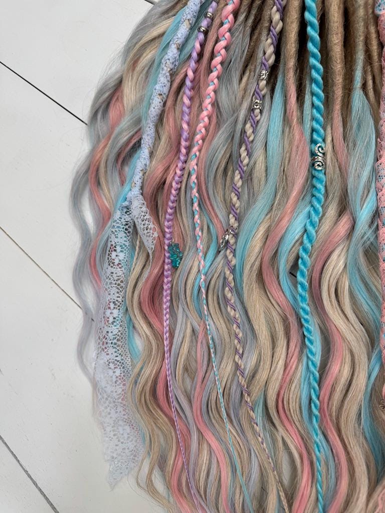 Pastel Synthetic Dreadlocks with Curls, Braids, Lace, and Charms