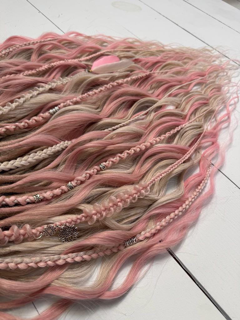 Blush Pink and Beige Dreadlock Curls with Braids, Beads, and Charms