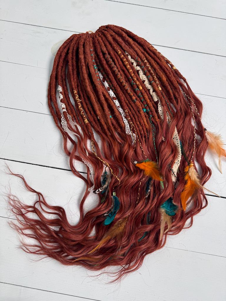 Copper Brown Dreadlock Extensions with Crochet Dreads, Feathers, and Lace