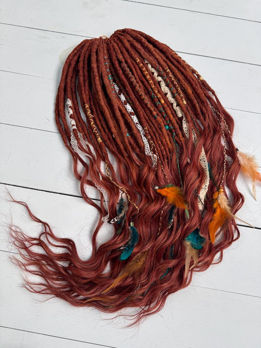Copper Brown Dreadlock Extensions with Crochet Dreads, Feathers, and Lace