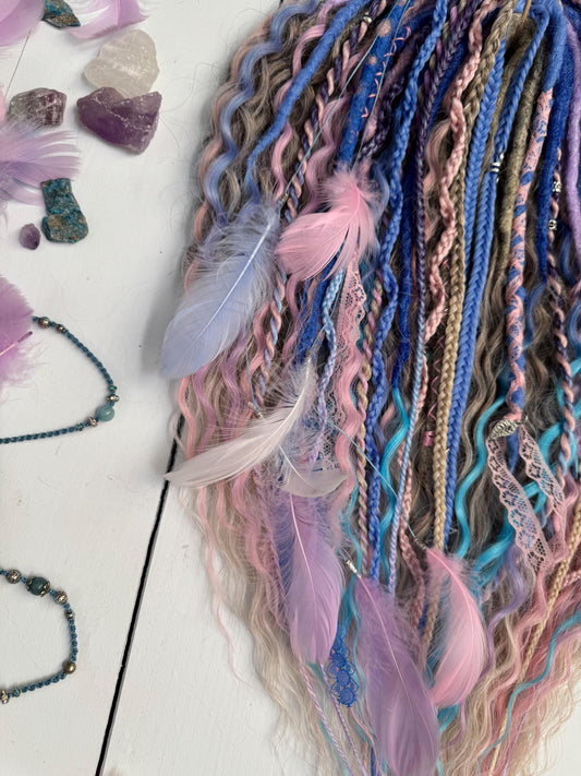 Fairycore Curly Dreadlock Set with Pastel Lace, Feathers, and Charms