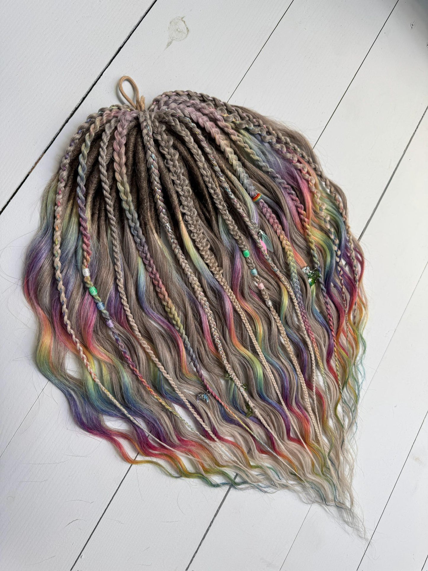 Rainbow Platinum Blonde Dreadlock Set with Braids, Charms & Beads