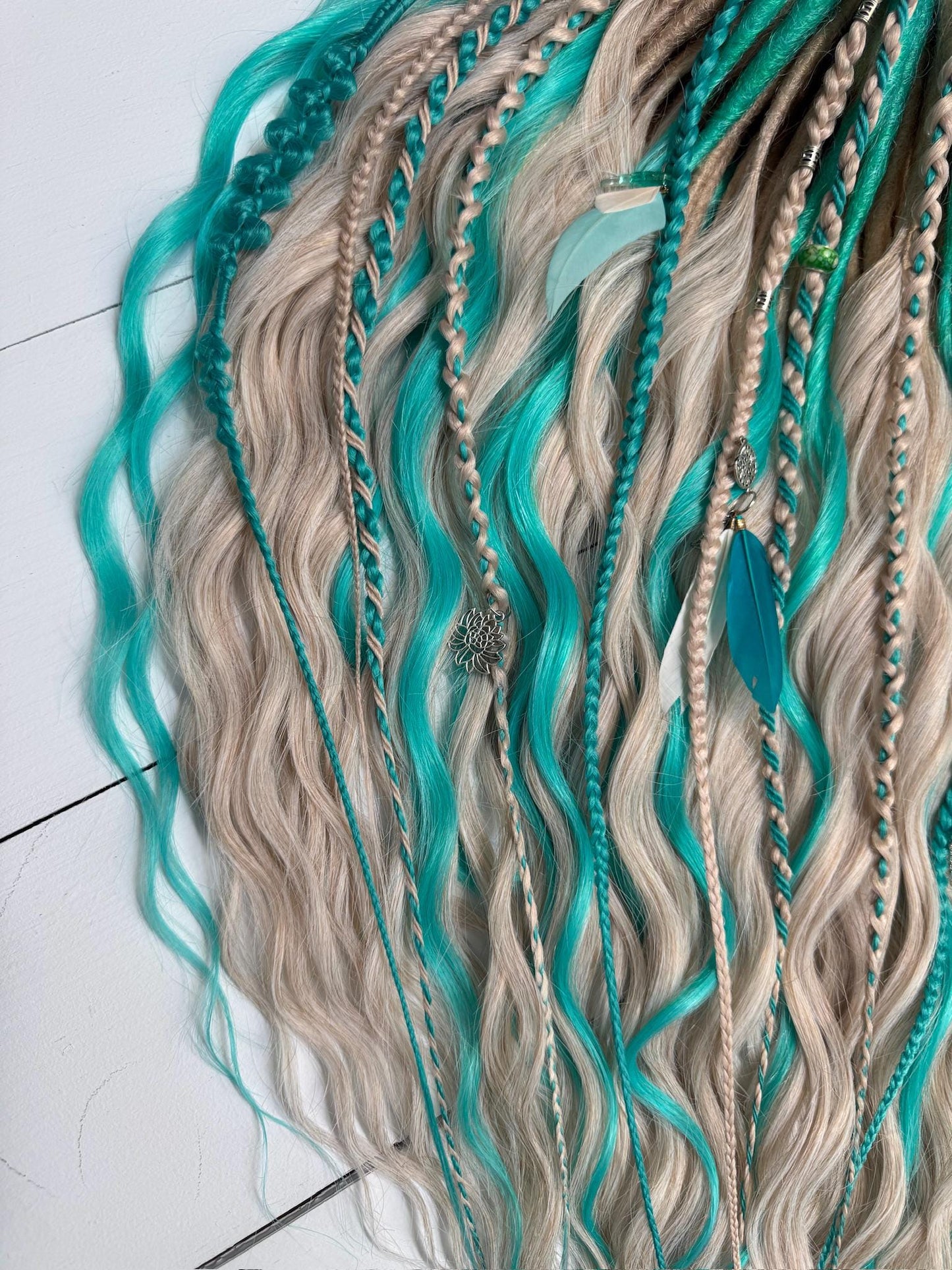 Blonde & Teal Curly Dreadlock Set - Boho Mermaid