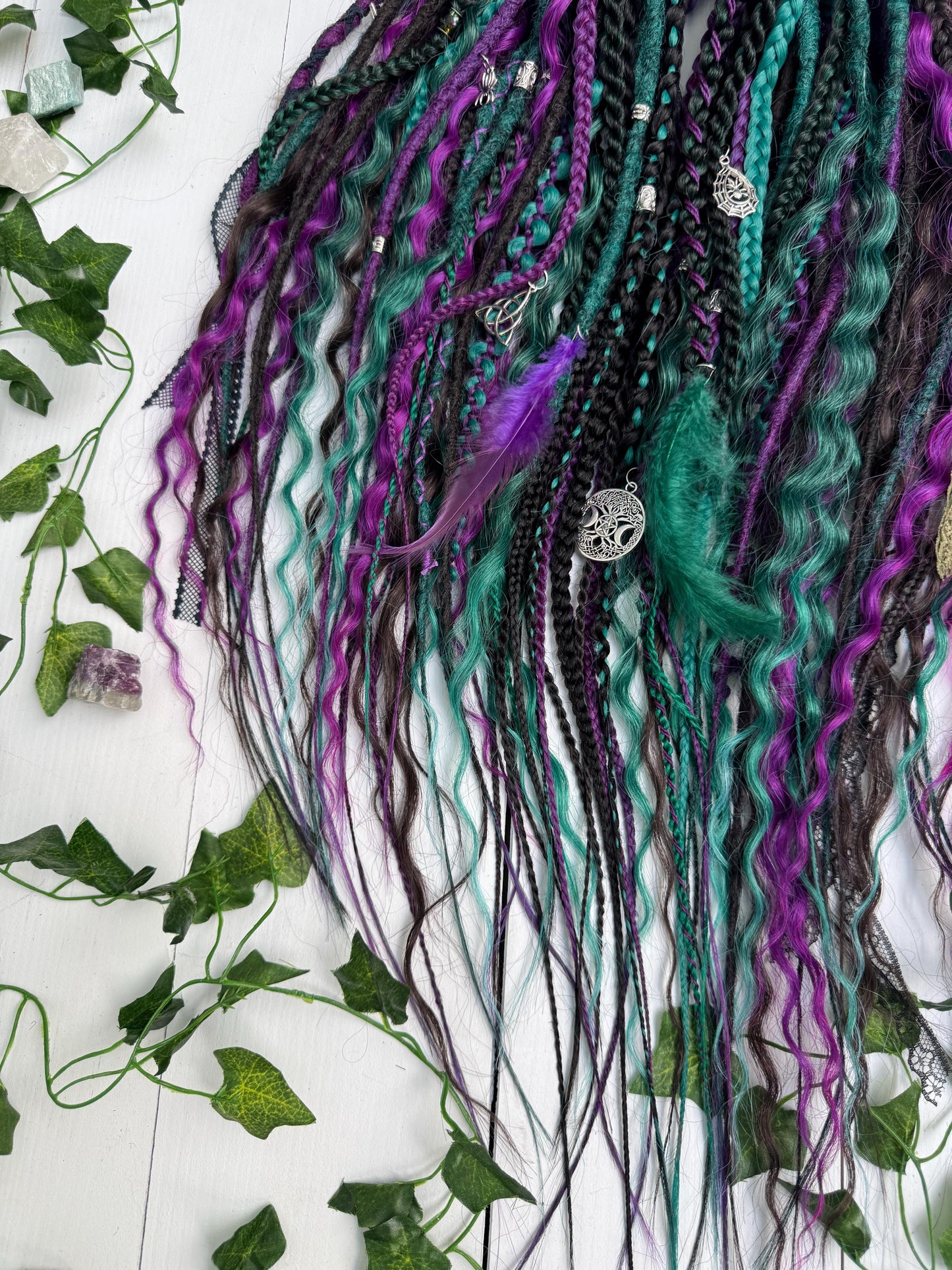 Handmade Witchy Dreads – Purple, Green & Black Braids with Charms