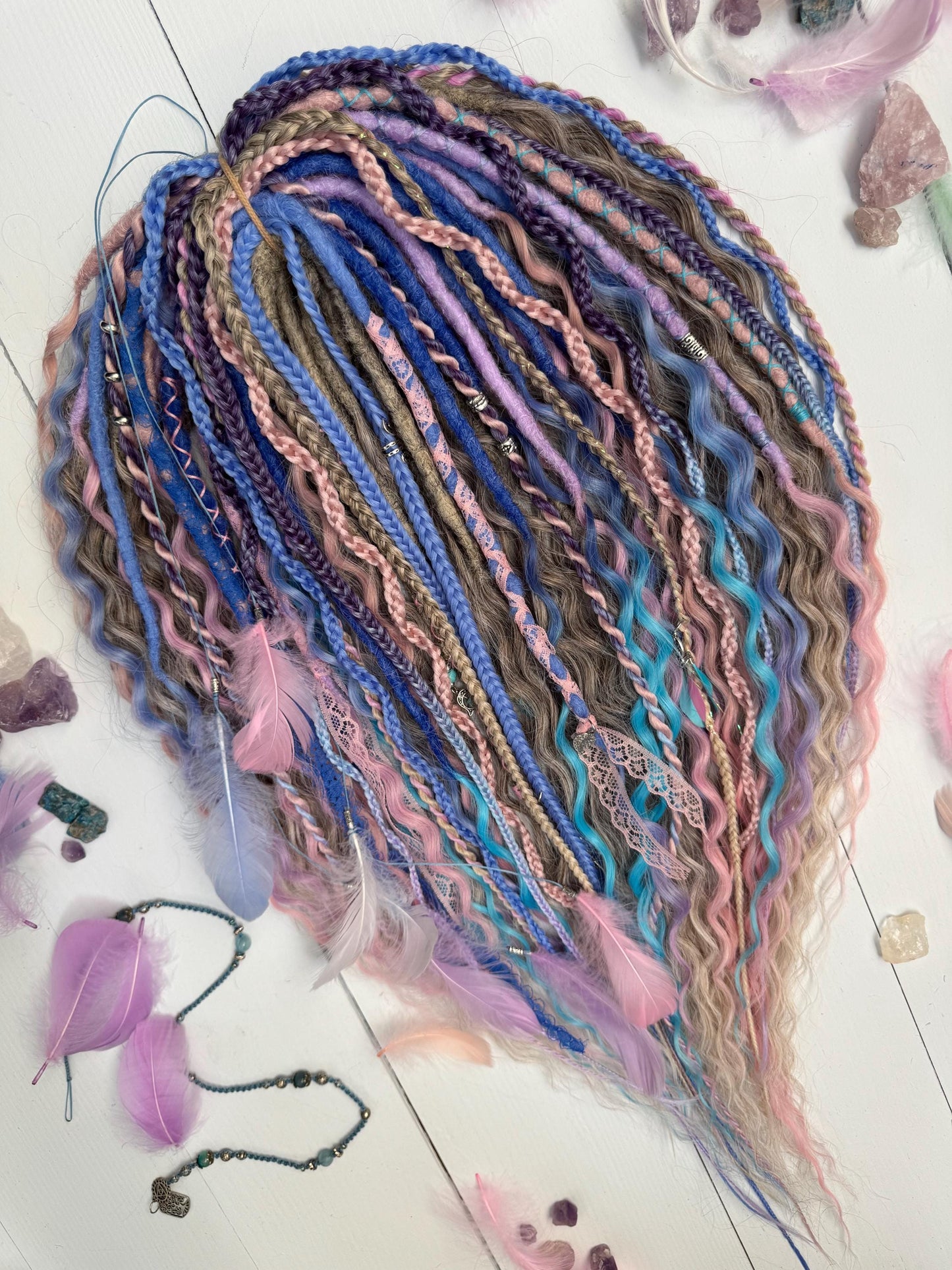 Fairycore Curly Dreadlock Set with Pastel Lace, Feathers, and Charms