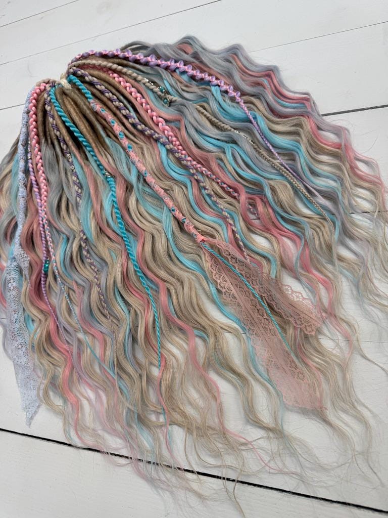 Pastel Synthetic Dreadlocks with Curls, Braids, Lace, and Charms
