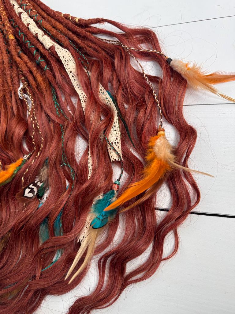 Copper Brown Dreadlock Extensions with Crochet Dreads, Feathers, and Lace