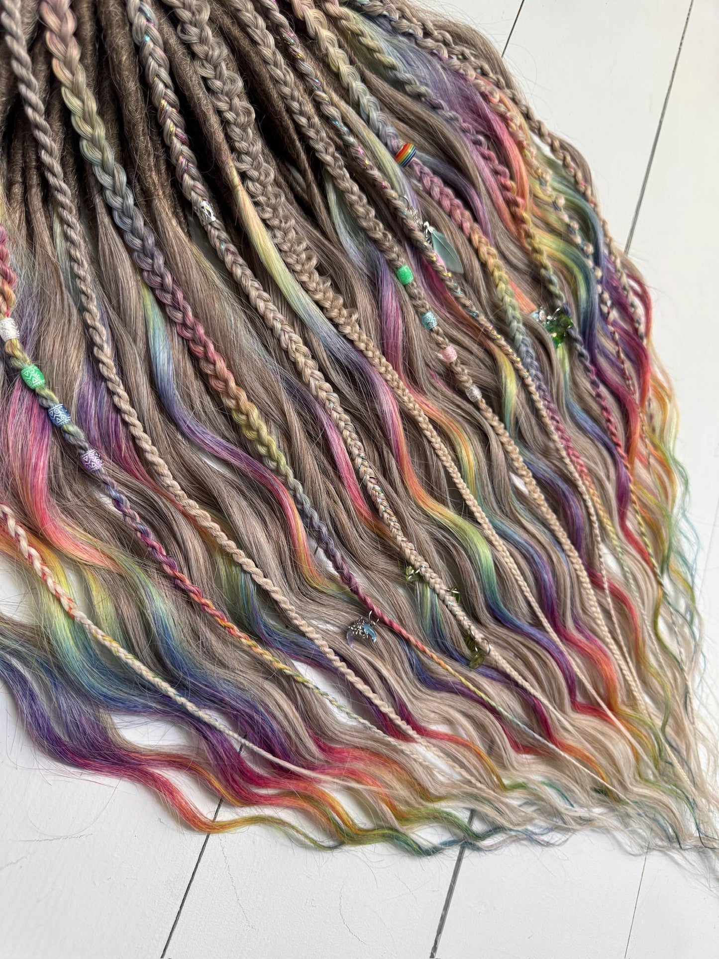 Rainbow Platinum Blonde Dreadlock Set with Braids, Charms & Beads