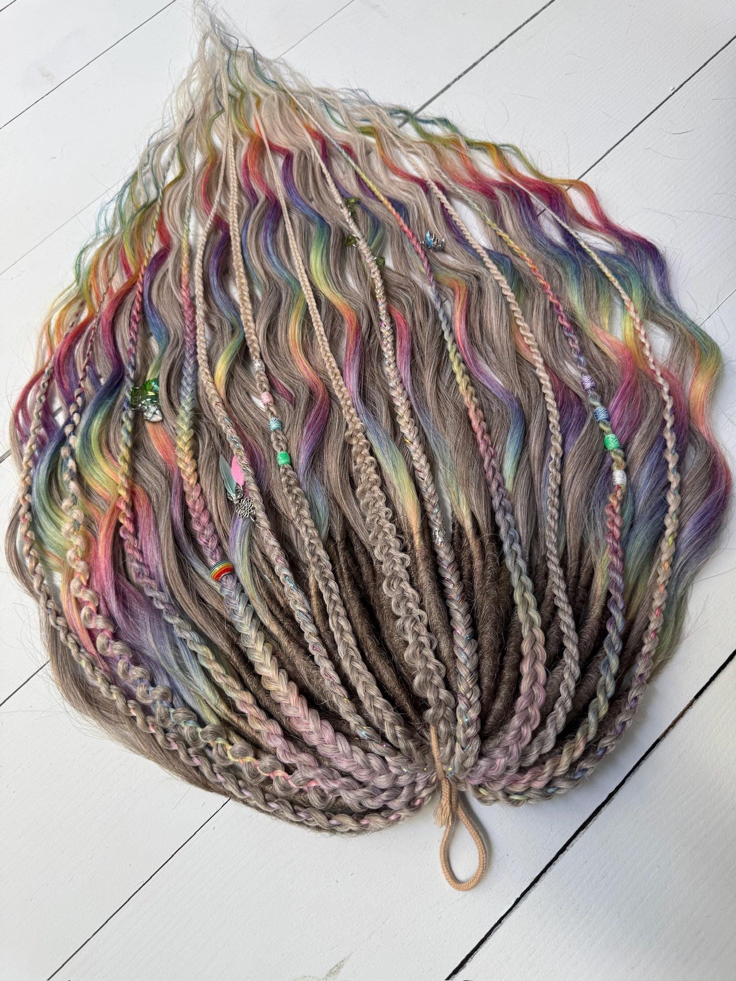 Rainbow Platinum Blonde Dreadlock Set with Braids, Charms & Beads