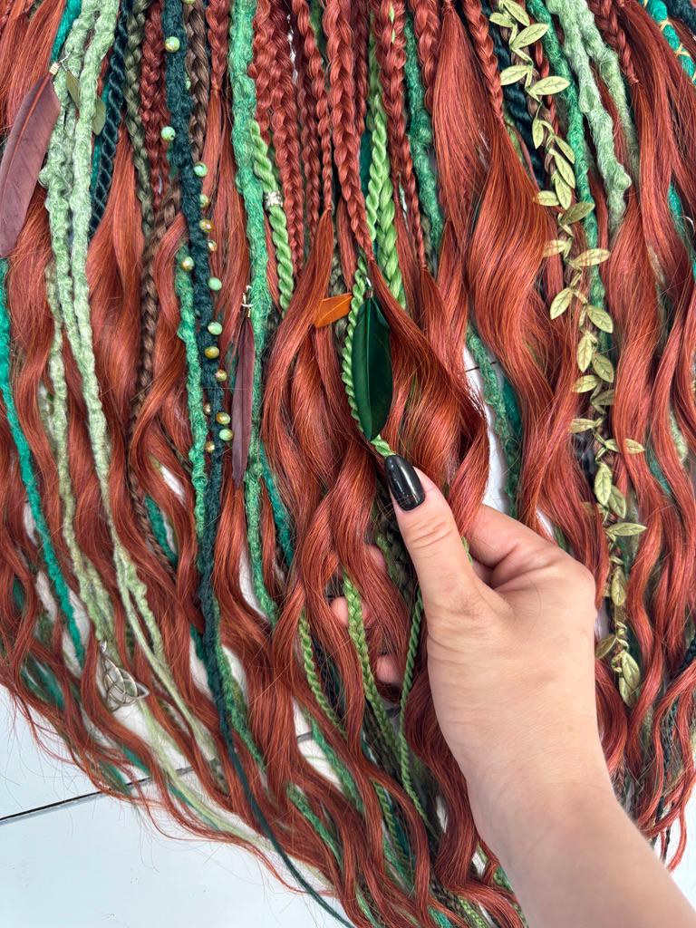 Forest Dreadlock Set in Copper and Green with Braids and Curls