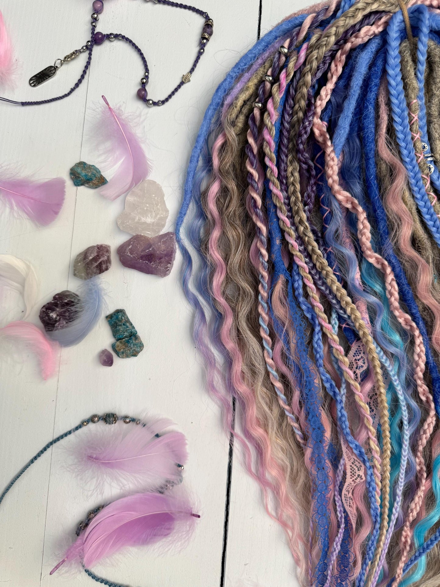 Fairycore Curly Dreadlock Set with Pastel Lace, Feathers, and Charms