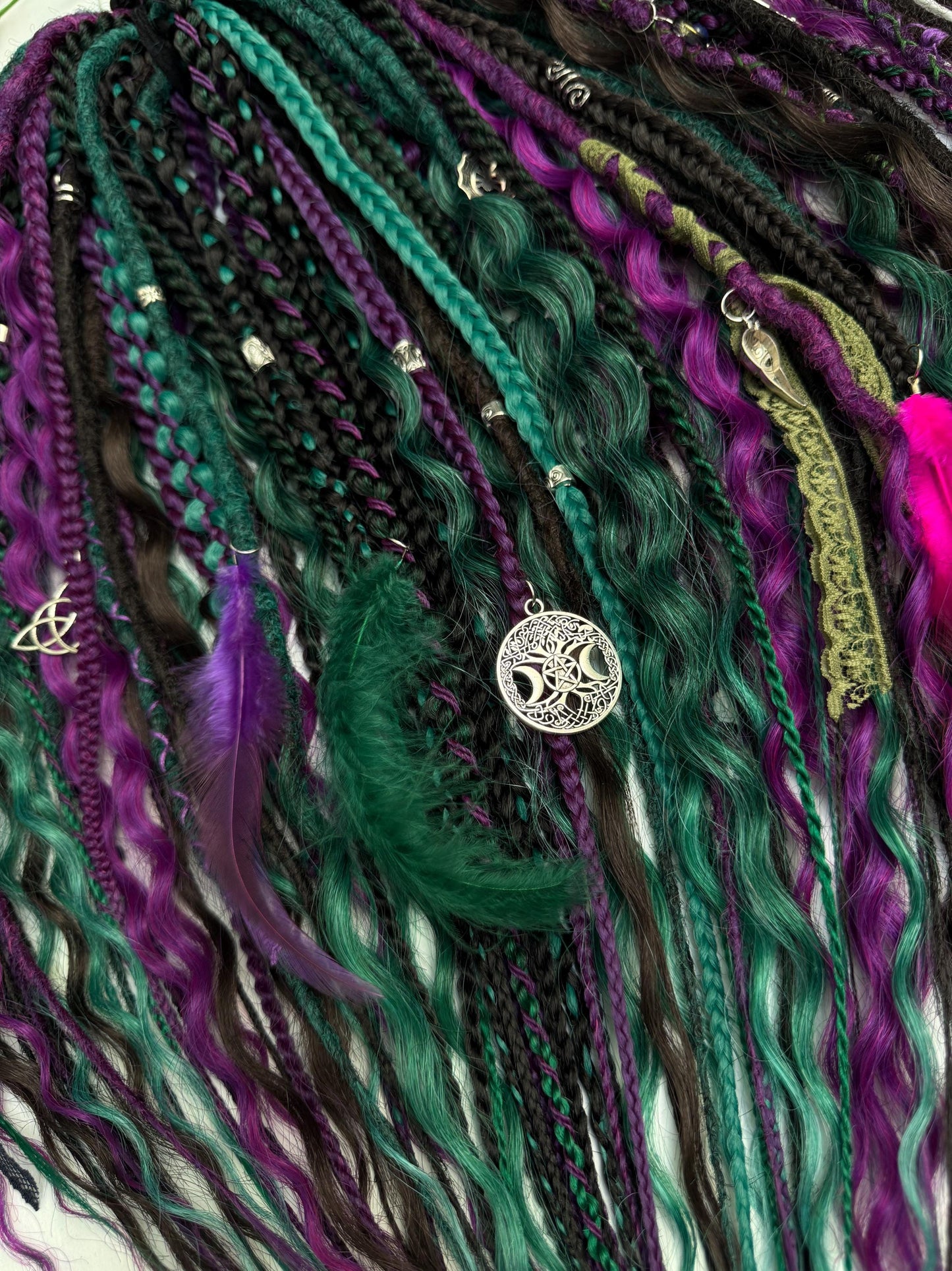 Handmade Witchy Dreads – Purple, Green & Black Braids with Charms