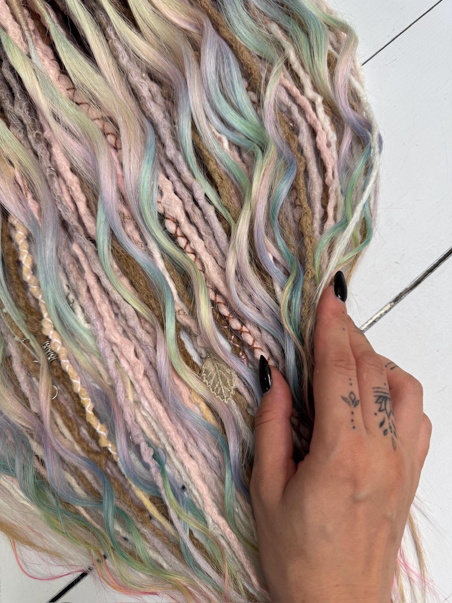 Pastel Rainbow Dreadlock Extensions with Braids, Curls, and Hair Charms