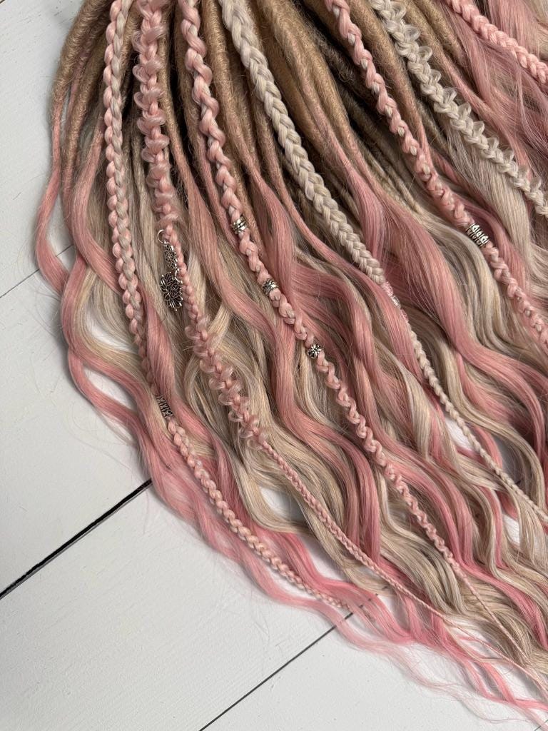 Blush Pink and Beige Dreadlock Curls with Braids, Beads, and Charms