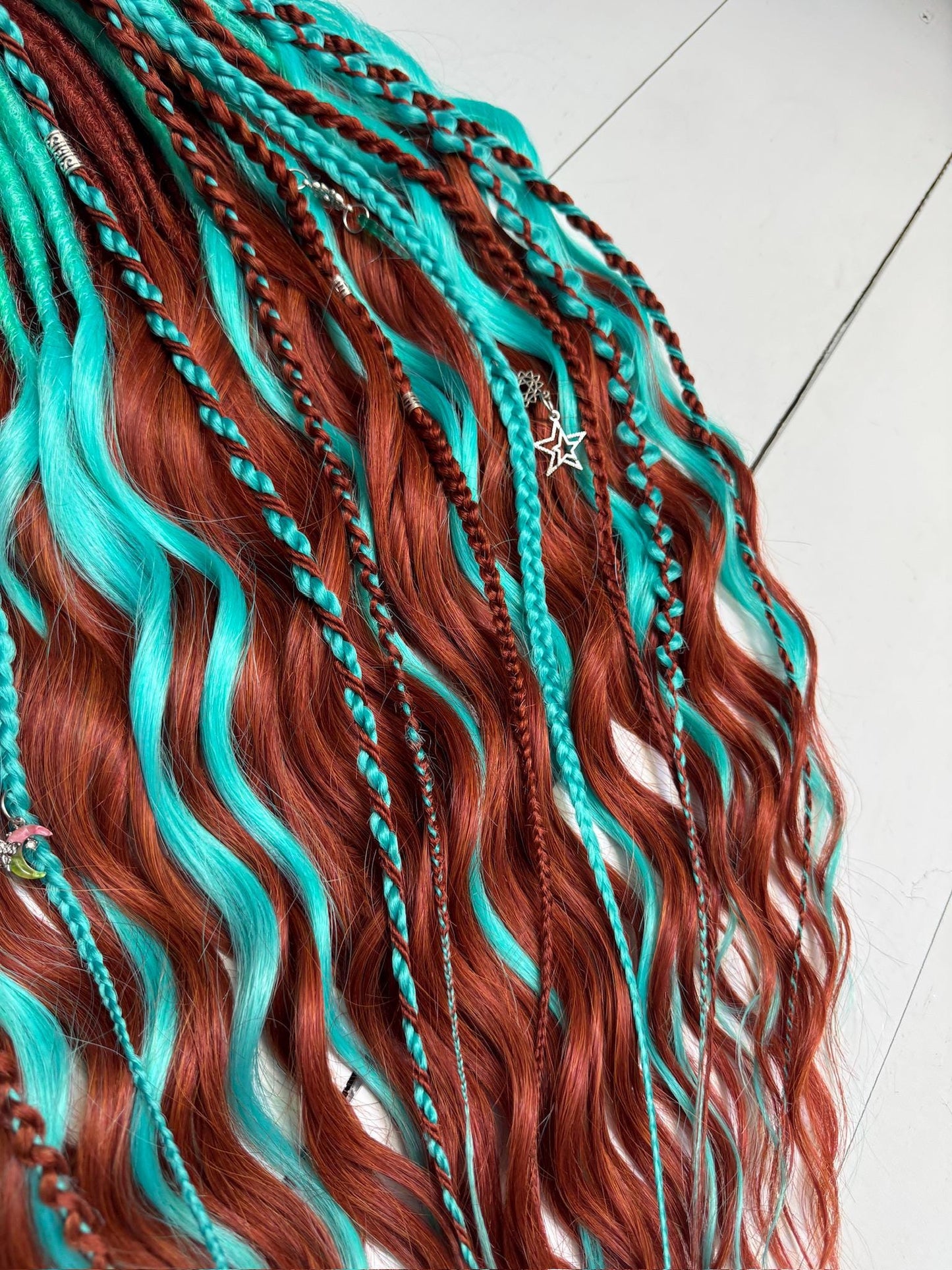 Turquoise and Copper Dreadlock Extensions with Braids and Charms