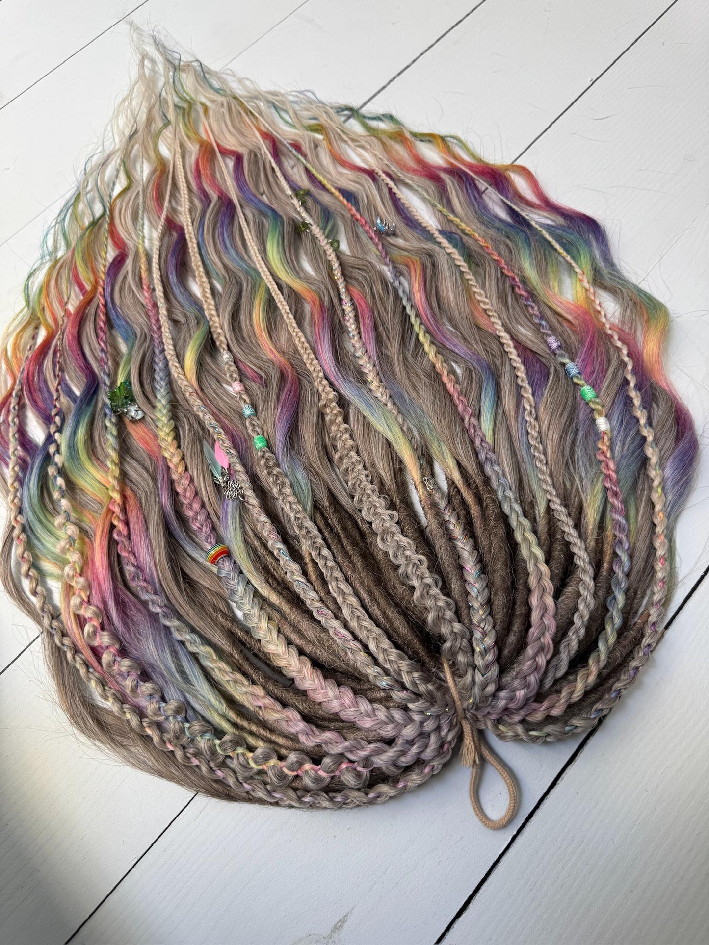 Rainbow Platinum Blonde Dreadlock Set with Braids, Charms & Beads