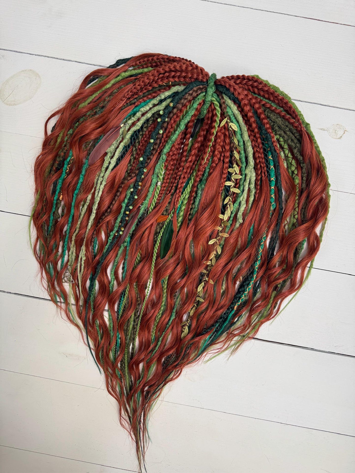 Forest Dreadlock Set in Copper and Green with Braids and Curls