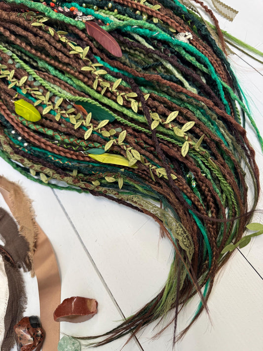 Forest Spirit Dreadlock Set with Boho Textured Dreads, Leaves, and Feathers