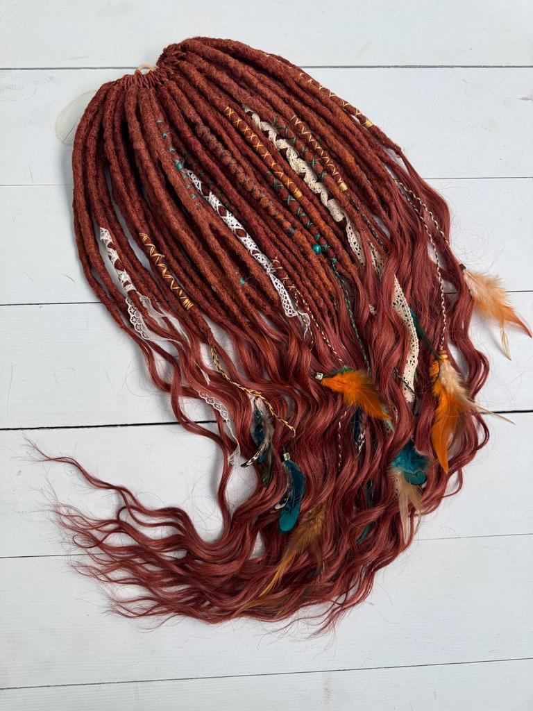 Copper Brown Dreadlock Extensions with Crochet Dreads, Feathers, and Lace