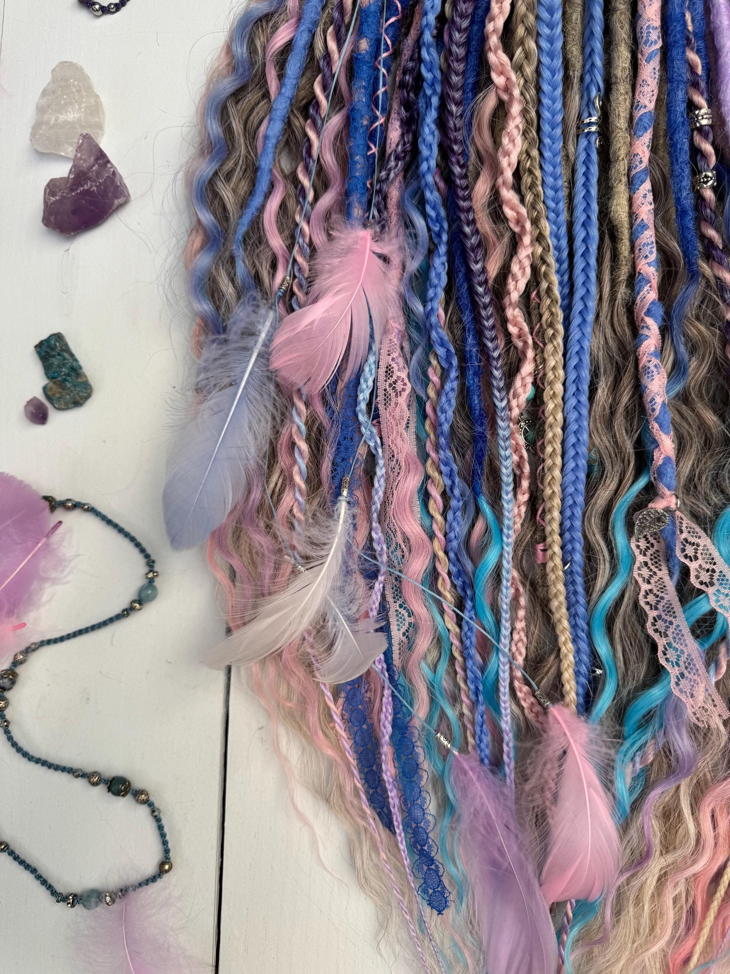 Fairycore Curly Dreadlock Set with Pastel Lace, Feathers, and Charms