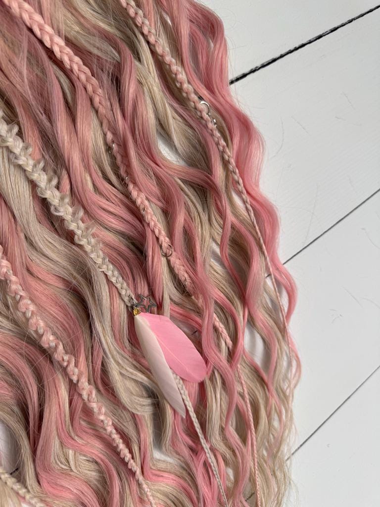 Blush Pink and Beige Dreadlock Curls with Braids, Beads, and Charms