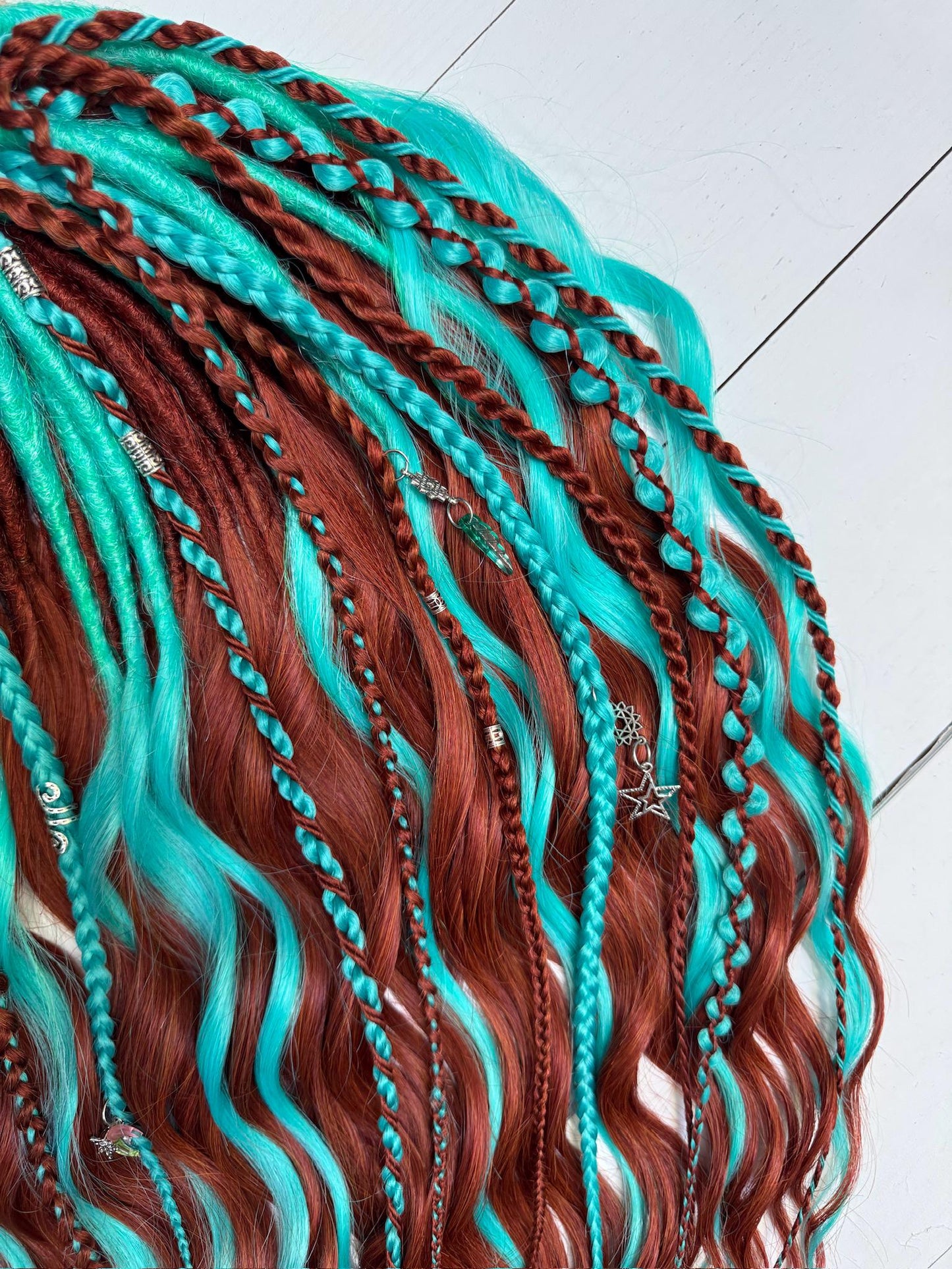 Turquoise and Copper Dreadlock Extensions with Braids and Charms