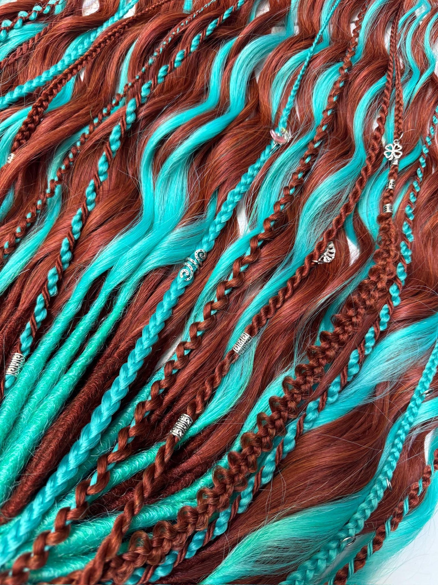 Turquoise and Copper Dreadlock Extensions with Braids and Charms