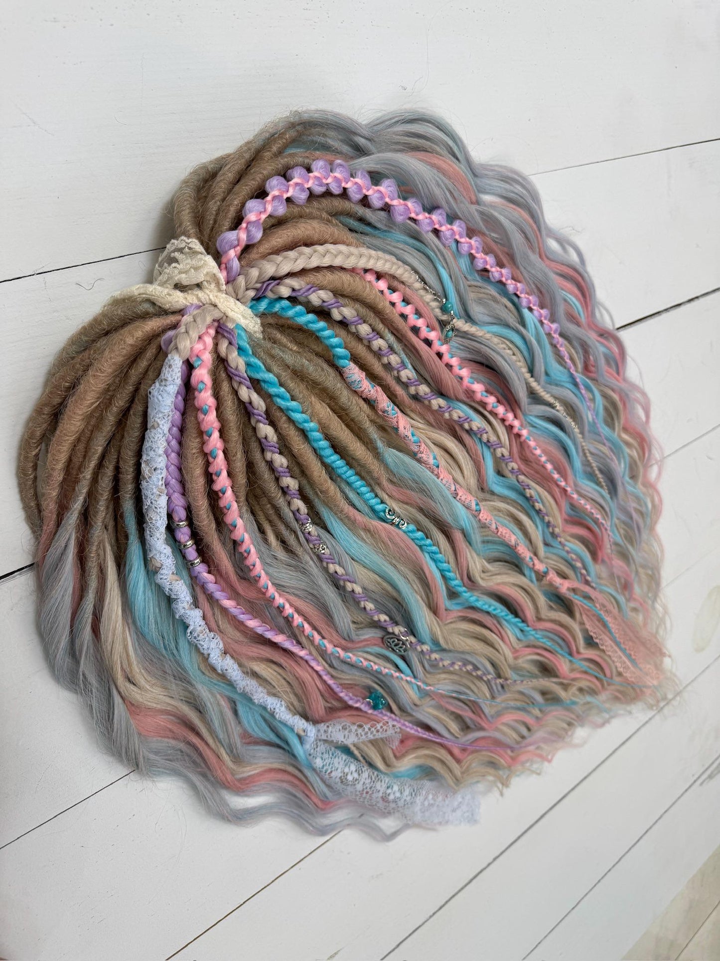 Pastel Synthetic Dreadlocks with Curls, Braids, Lace, and Charms